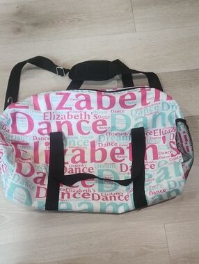 Elizabeth Name Pink & Teal Dance Duffel Bag with Black Straps